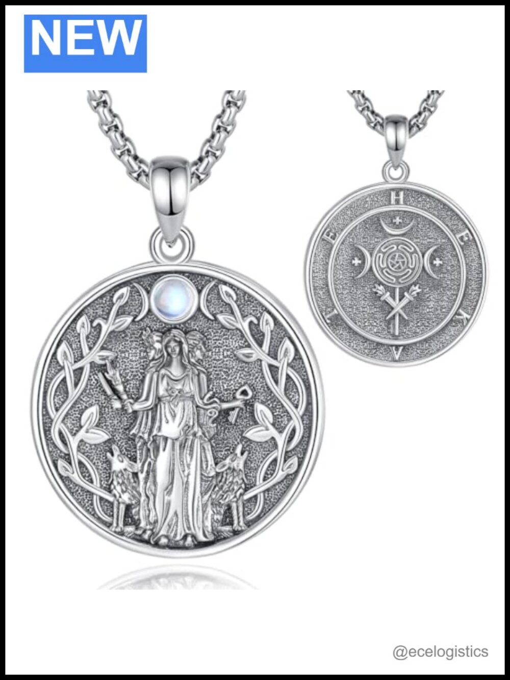 925 Sterling Silver Hecate Goddess Pendant Necklace Moonstone Amulet